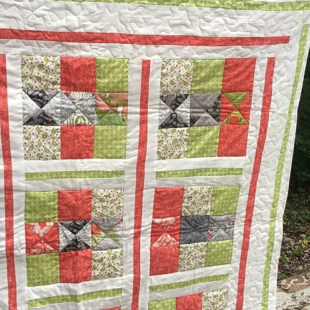 NWT. Hand Crafted Green/Orange/Cream Quilt